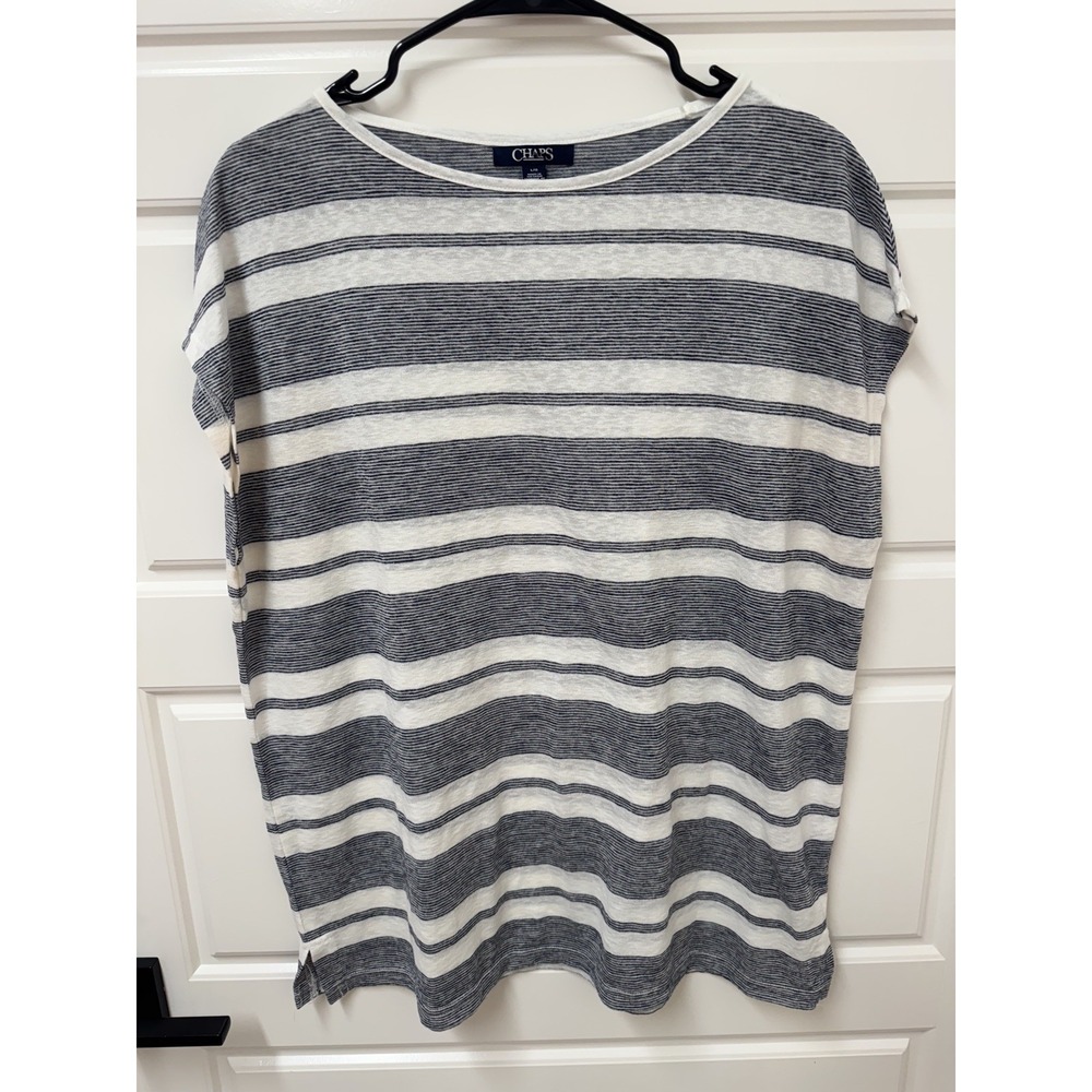 CHAPS Women Blue Striped Short Cap Sleeve Nautical Casual Top Blouse Large
